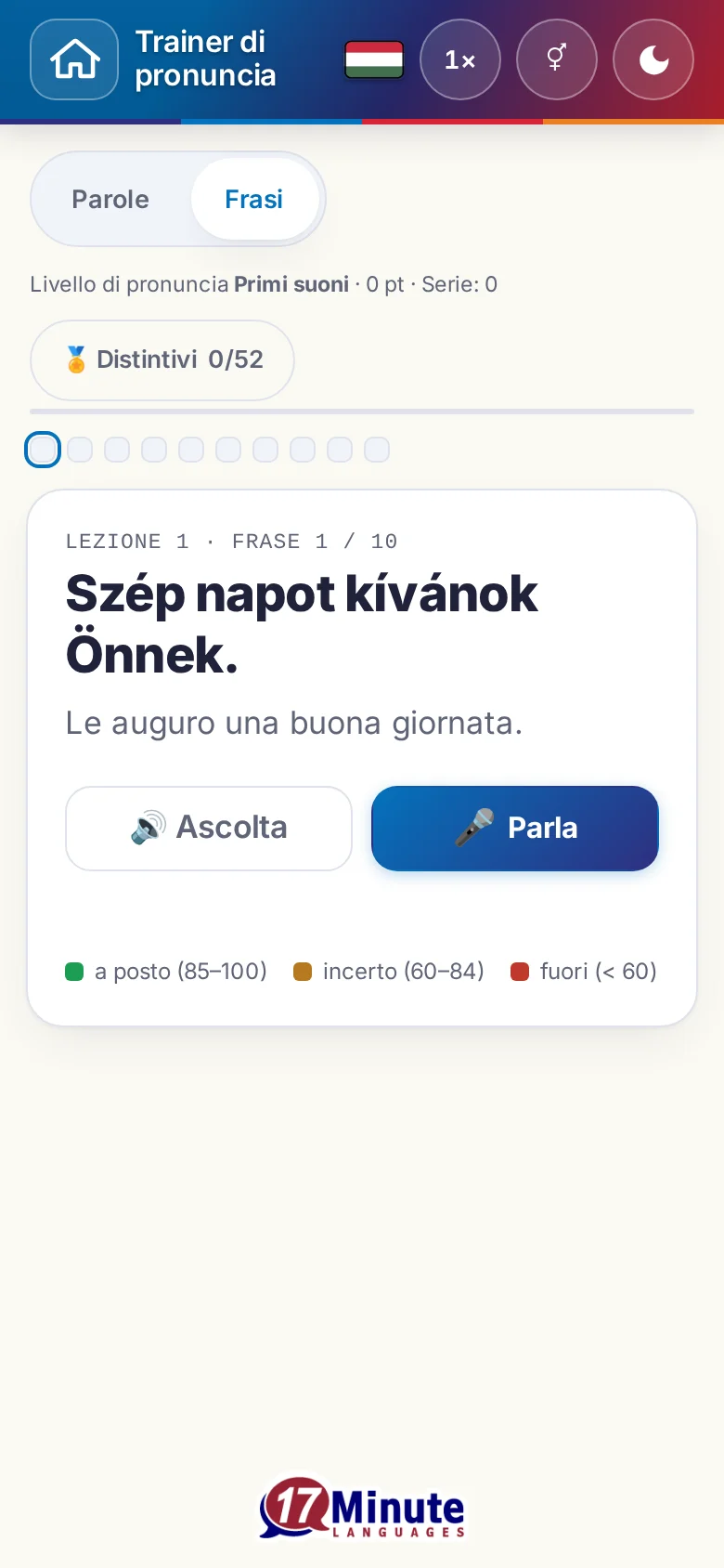 Cellulare: un esercizio di pronuncia avviato con la frase da dire e la legenda della valutazione.