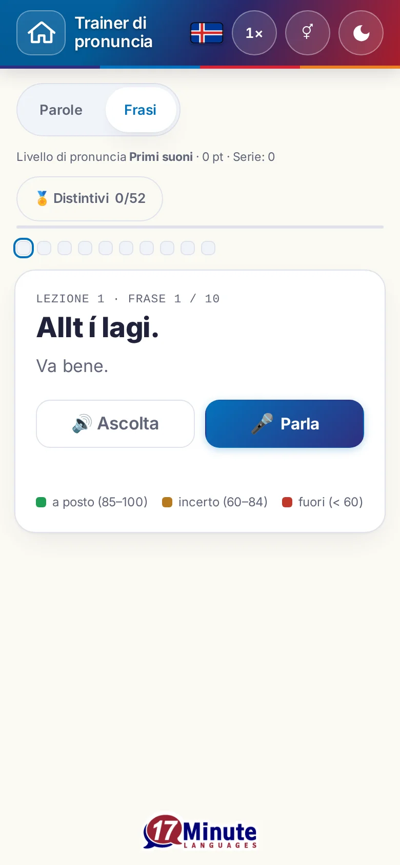 Cellulare: un esercizio di pronuncia avviato con la frase da dire e la legenda della valutazione.