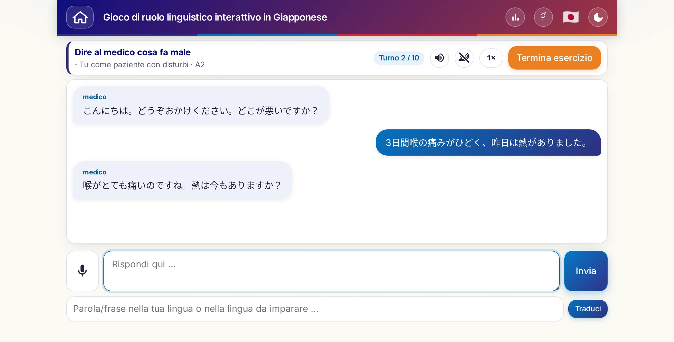 Un gioco di ruolo in corso: la dottoressa chiede l'intensità del dolore, la febbre e l'andamento della giornata, chi impara risponde liberamente e alla fine chiede una ricetta.
