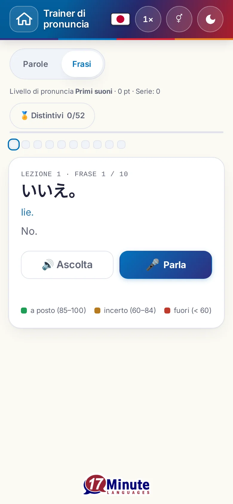Cellulare: un esercizio di pronuncia avviato con la frase da dire e la legenda della valutazione.