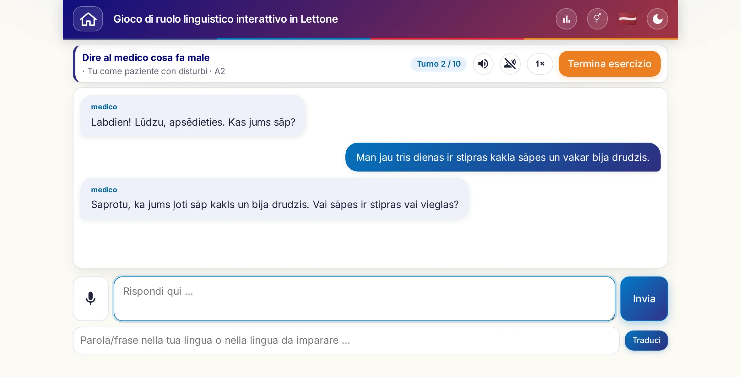 Un gioco di ruolo in corso: la dottoressa chiede l'intensità del dolore, la febbre e l'andamento della giornata, chi impara risponde liberamente e alla fine chiede una ricetta.