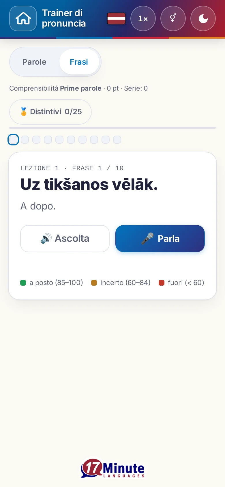 Cellulare: un esercizio di pronuncia avviato con la frase da dire e la legenda della valutazione.