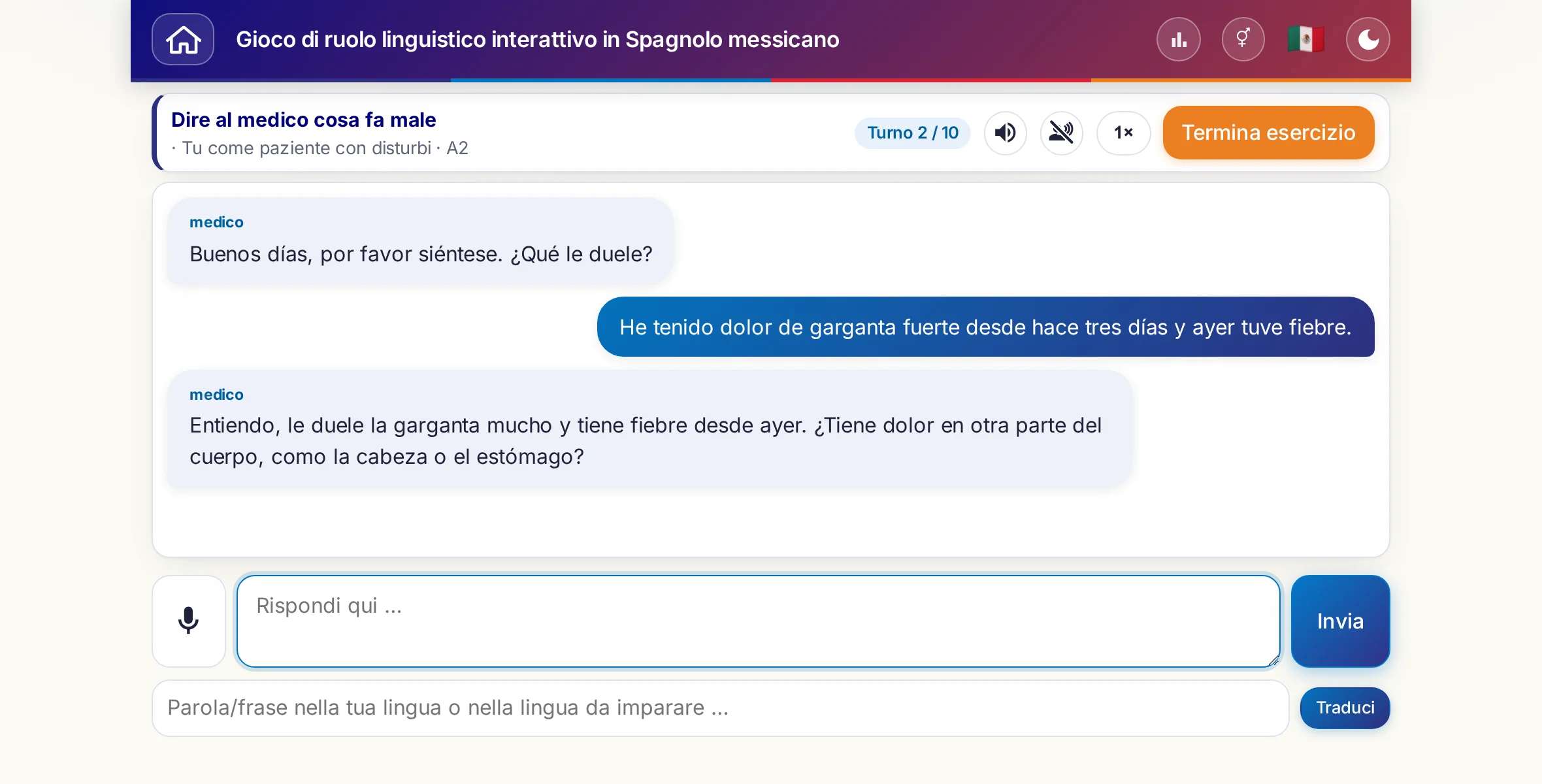 Un gioco di ruolo in corso: la dottoressa chiede l'intensità del dolore, la febbre e l'andamento della giornata, chi impara risponde liberamente e alla fine chiede una ricetta.