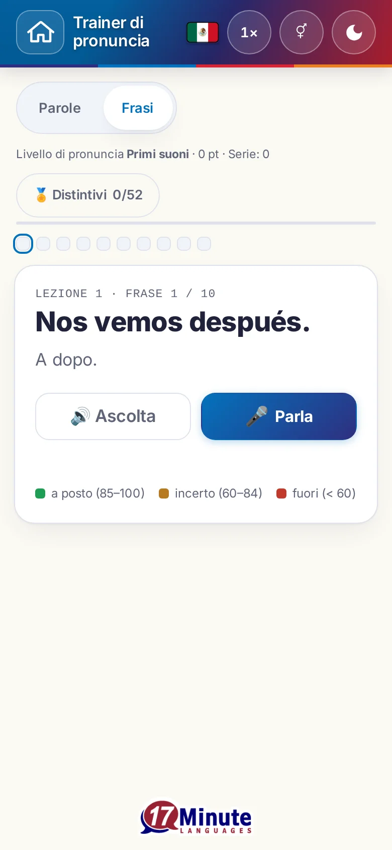 Cellulare: un esercizio di pronuncia avviato con la frase da dire e la legenda della valutazione.