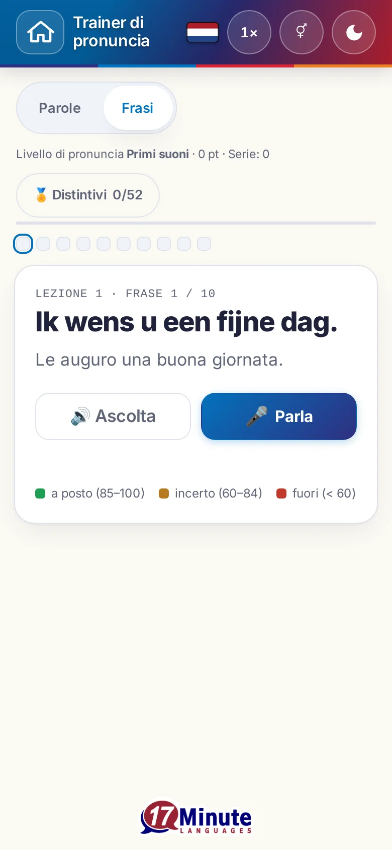 Cellulare: un esercizio di pronuncia avviato con la frase da dire e la legenda della valutazione.