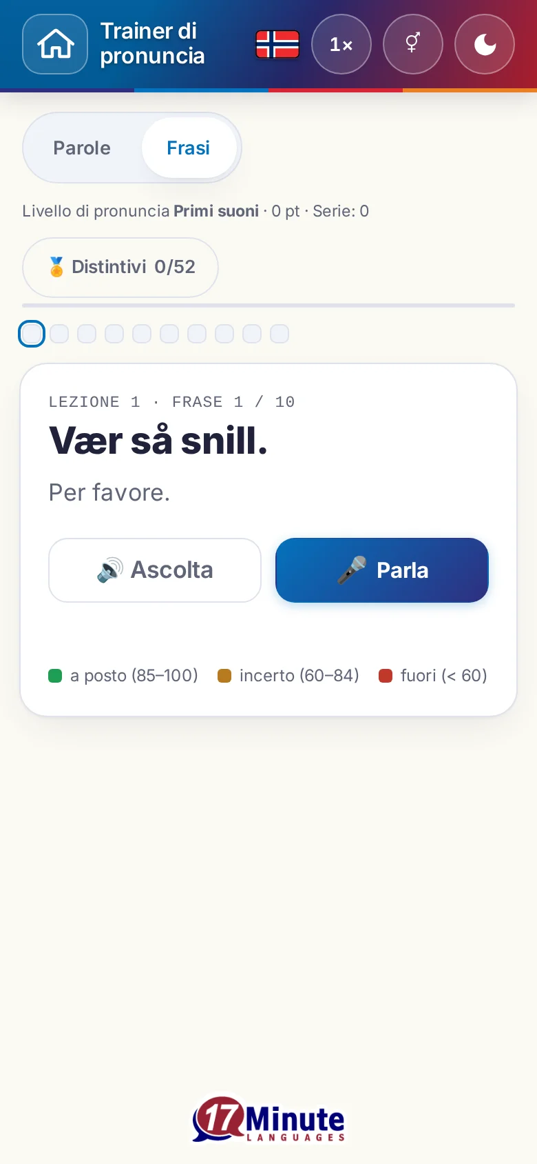 Cellulare: un esercizio di pronuncia avviato con la frase da dire e la legenda della valutazione.