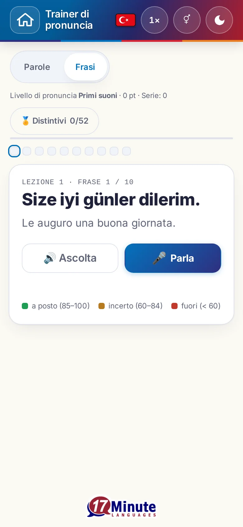 Cellulare: un esercizio di pronuncia avviato con la frase da dire e la legenda della valutazione.