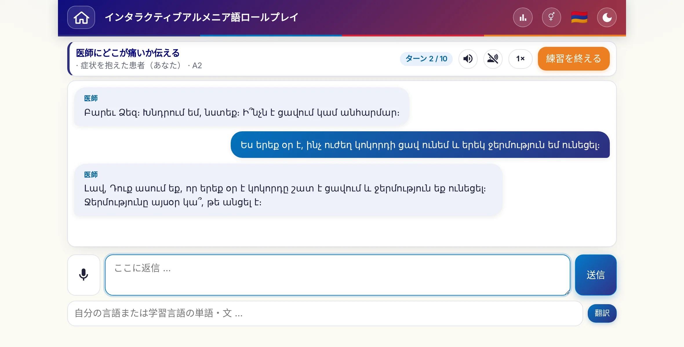 会話中のロールプレイ：医師が痛みの強さ、熱、その日の経過をたずね、学習者は自由に答え、最後に処方箋をお願いします。