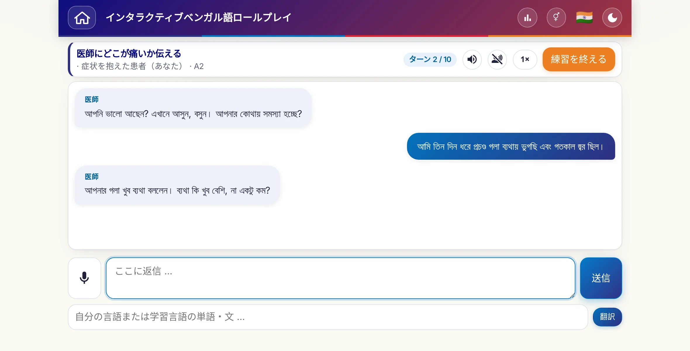 会話中のロールプレイ：医師が痛みの強さ、熱、その日の経過をたずね、学習者は自由に答え、最後に処方箋をお願いします。
