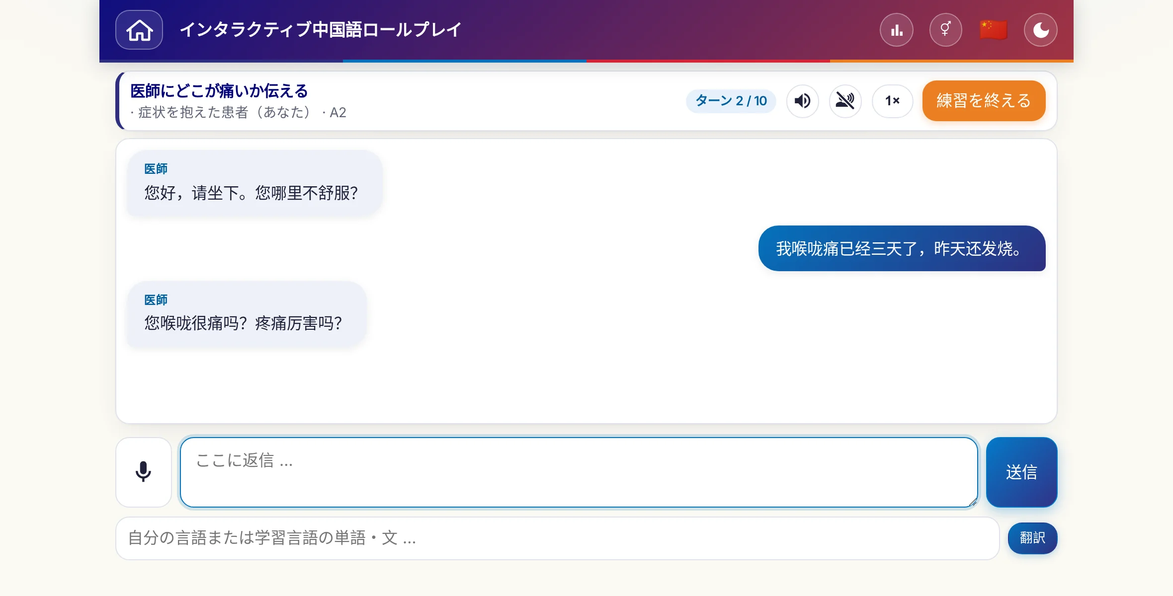 会話中のロールプレイ：医師が痛みの強さ、熱、その日の経過をたずね、学習者は自由に答え、最後に処方箋をお願いします。