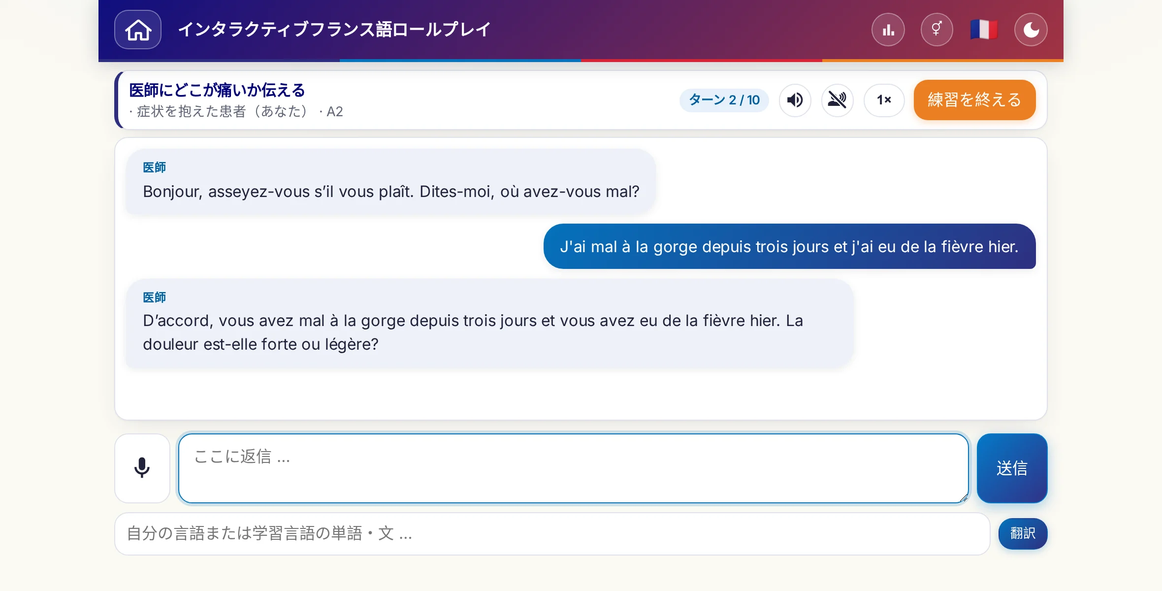 会話中のロールプレイ：医師が痛みの強さ、熱、その日の経過をたずね、学習者は自由に答え、最後に処方箋をお願いします。