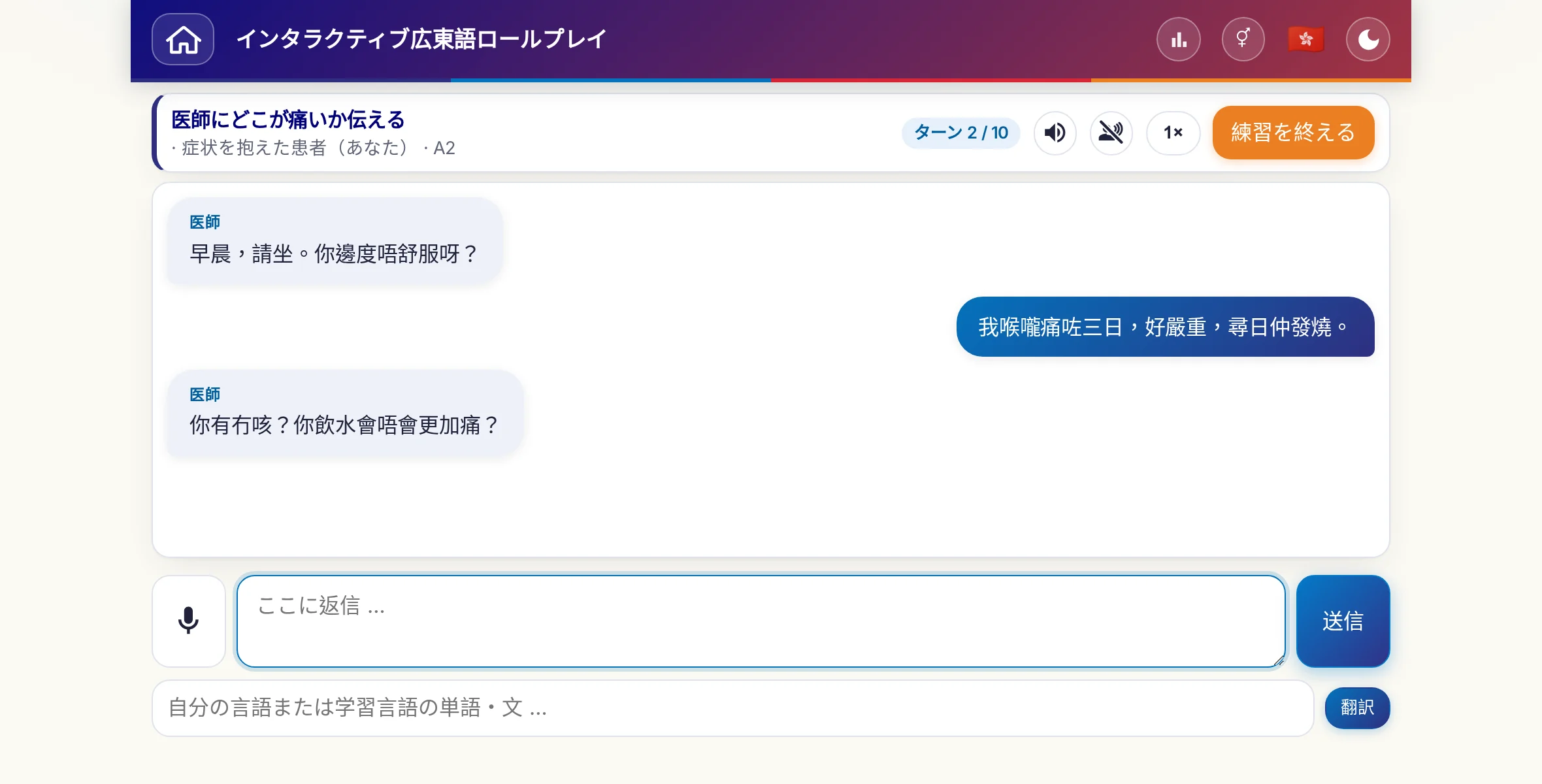 会話中のロールプレイ：医師が痛みの強さ、熱、その日の経過をたずね、学習者は自由に答え、最後に処方箋をお願いします。