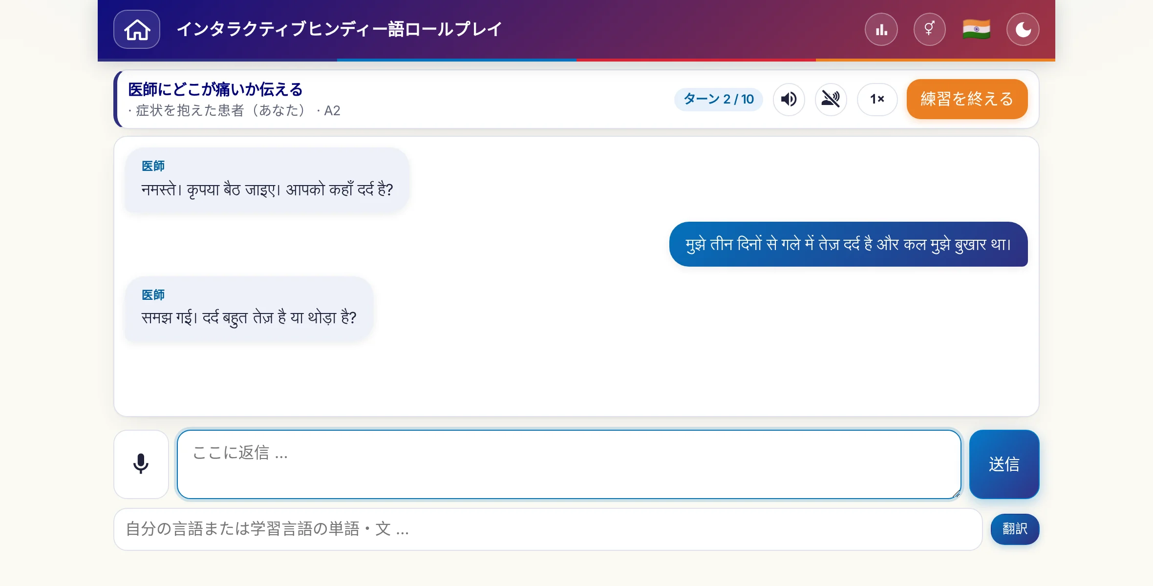 会話中のロールプレイ：医師が痛みの強さ、熱、その日の経過をたずね、学習者は自由に答え、最後に処方箋をお願いします。