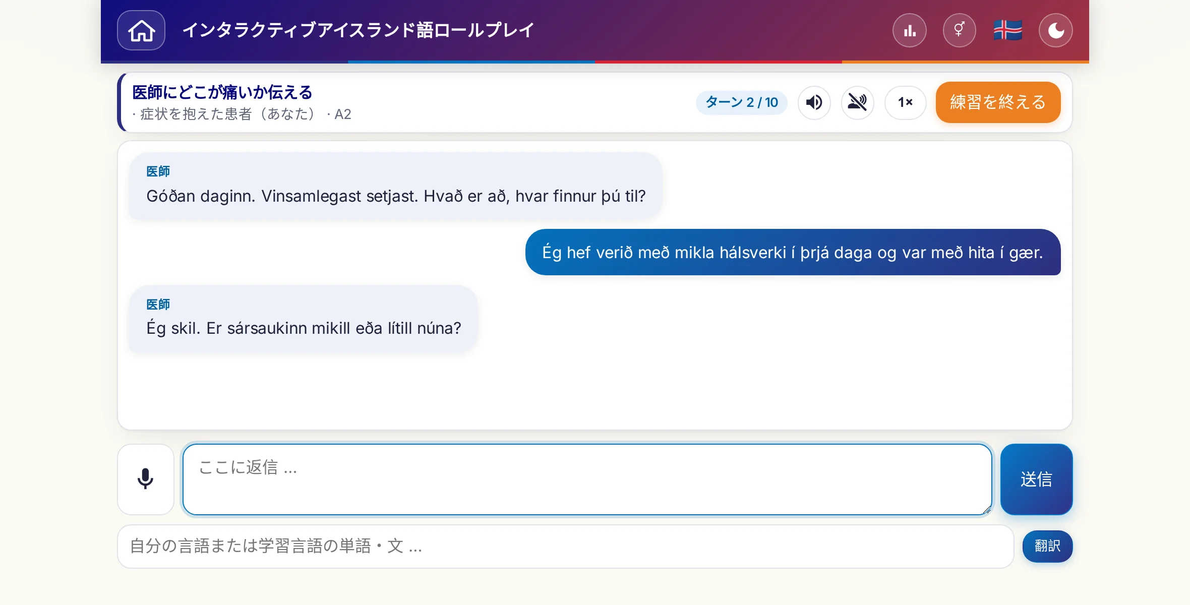 会話中のロールプレイ：医師が痛みの強さ、熱、その日の経過をたずね、学習者は自由に答え、最後に処方箋をお願いします。