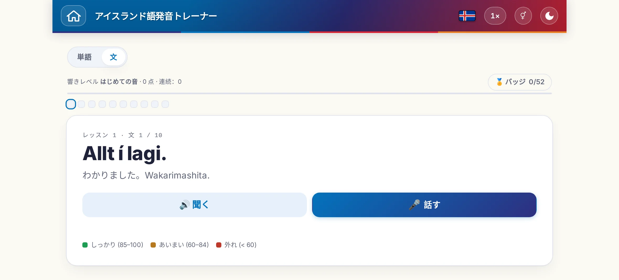 始まった発音の練習：目標の文、その意味、「聞く」と「話す」、そして採点の色の凡例。
