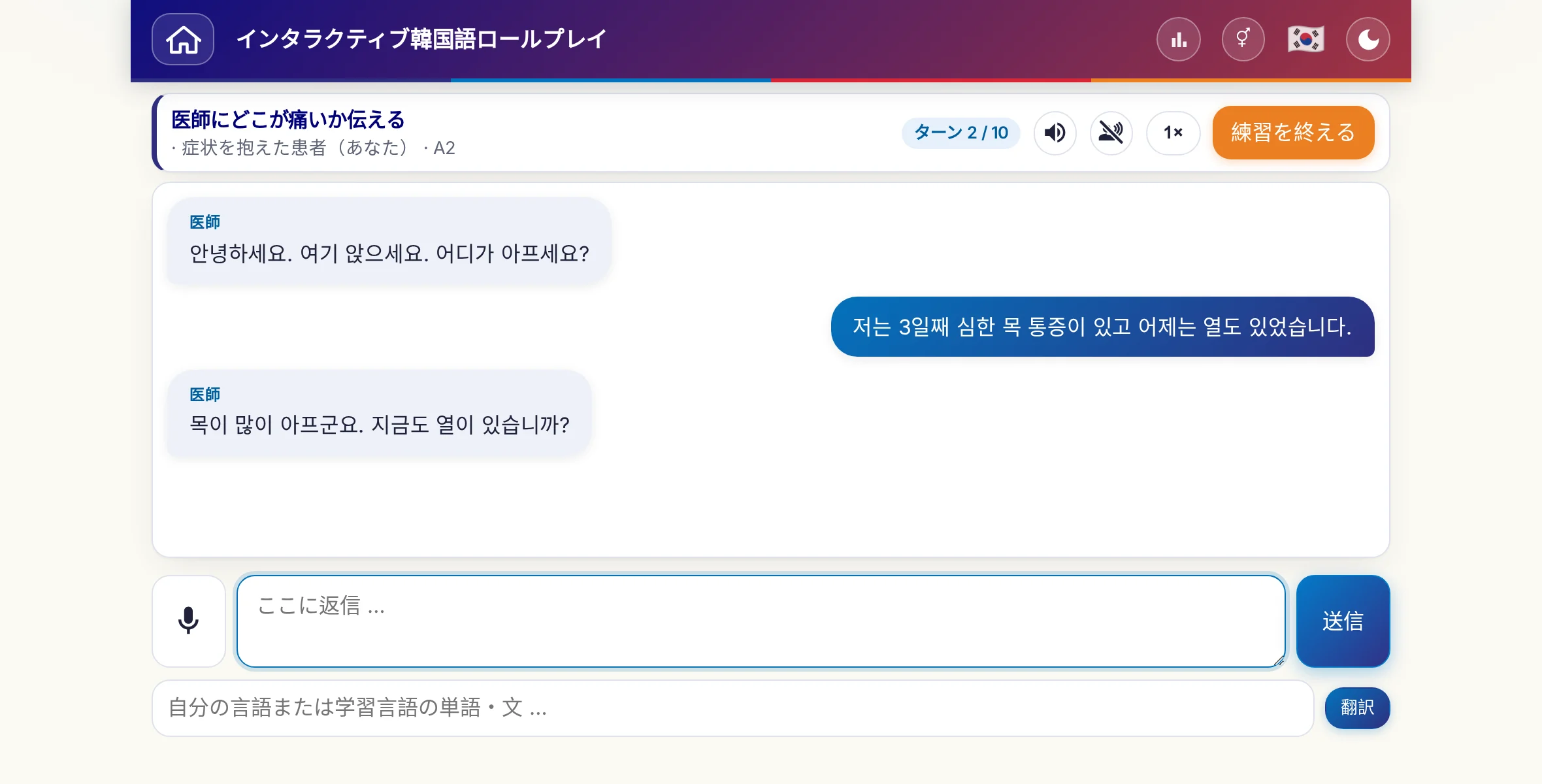 会話中のロールプレイ：医師が痛みの強さ、熱、その日の経過をたずね、学習者は自由に答え、最後に処方箋をお願いします。