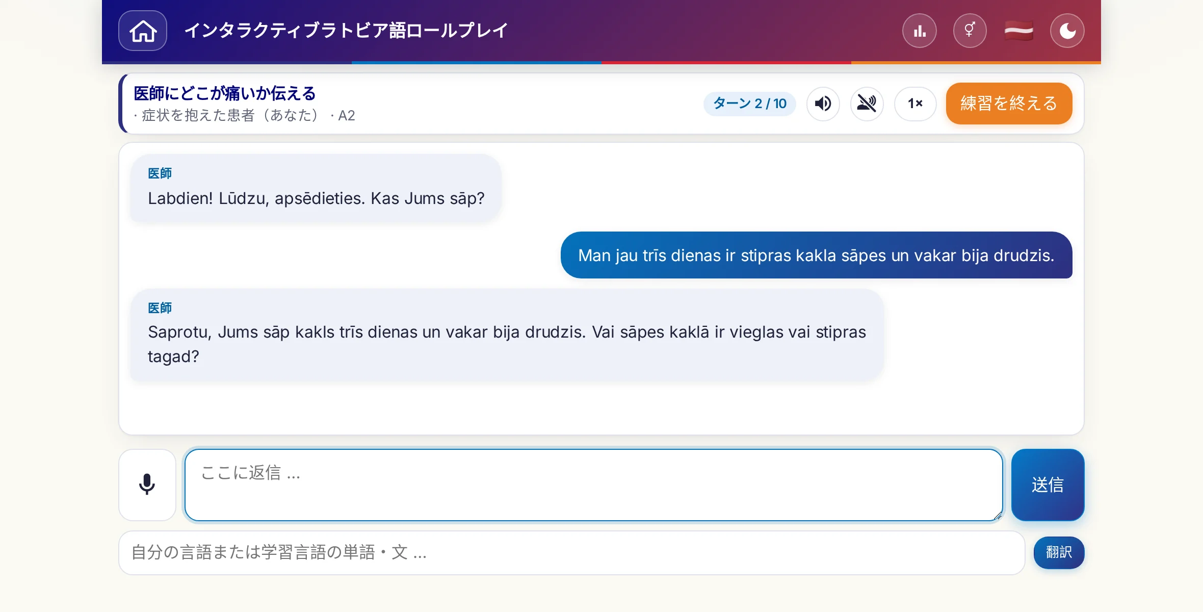 会話中のロールプレイ：医師が痛みの強さ、熱、その日の経過をたずね、学習者は自由に答え、最後に処方箋をお願いします。