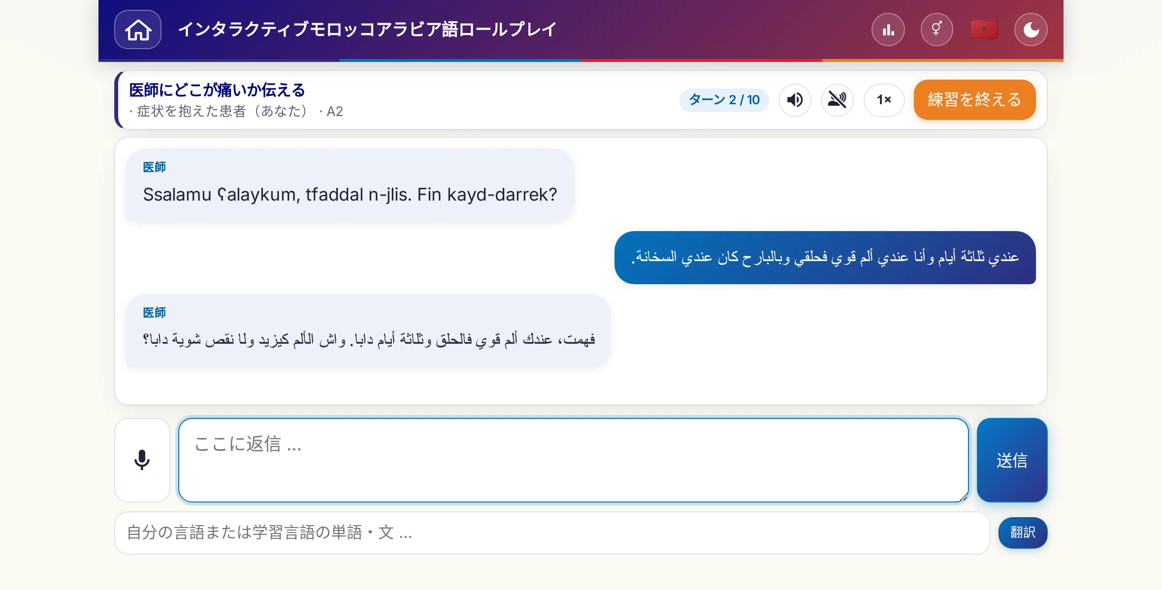会話中のロールプレイ：医師が痛みの強さ、熱、その日の経過をたずね、学習者は自由に答え、最後に処方箋をお願いします。