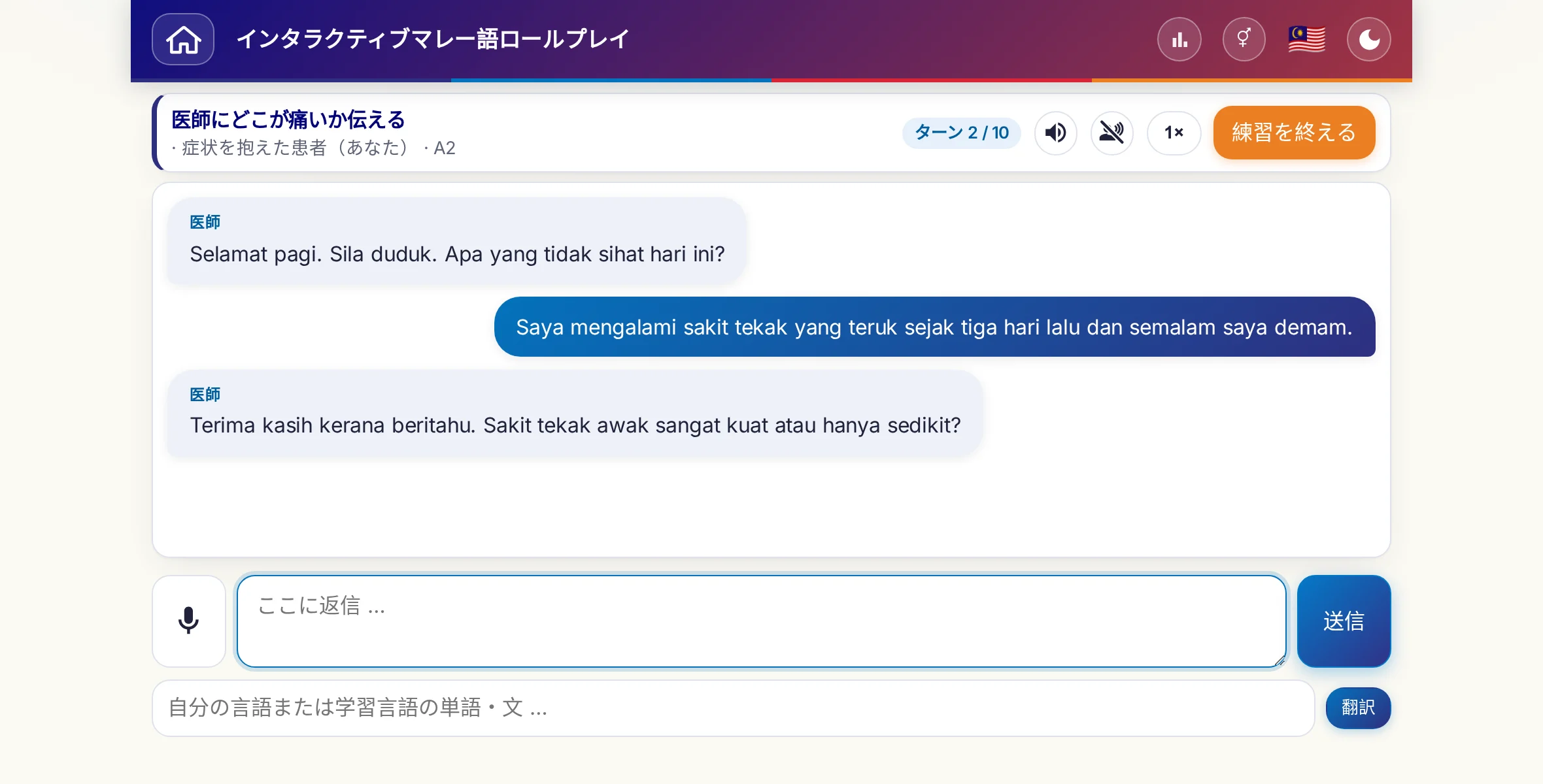 会話中のロールプレイ：医師が痛みの強さ、熱、その日の経過をたずね、学習者は自由に答え、最後に処方箋をお願いします。