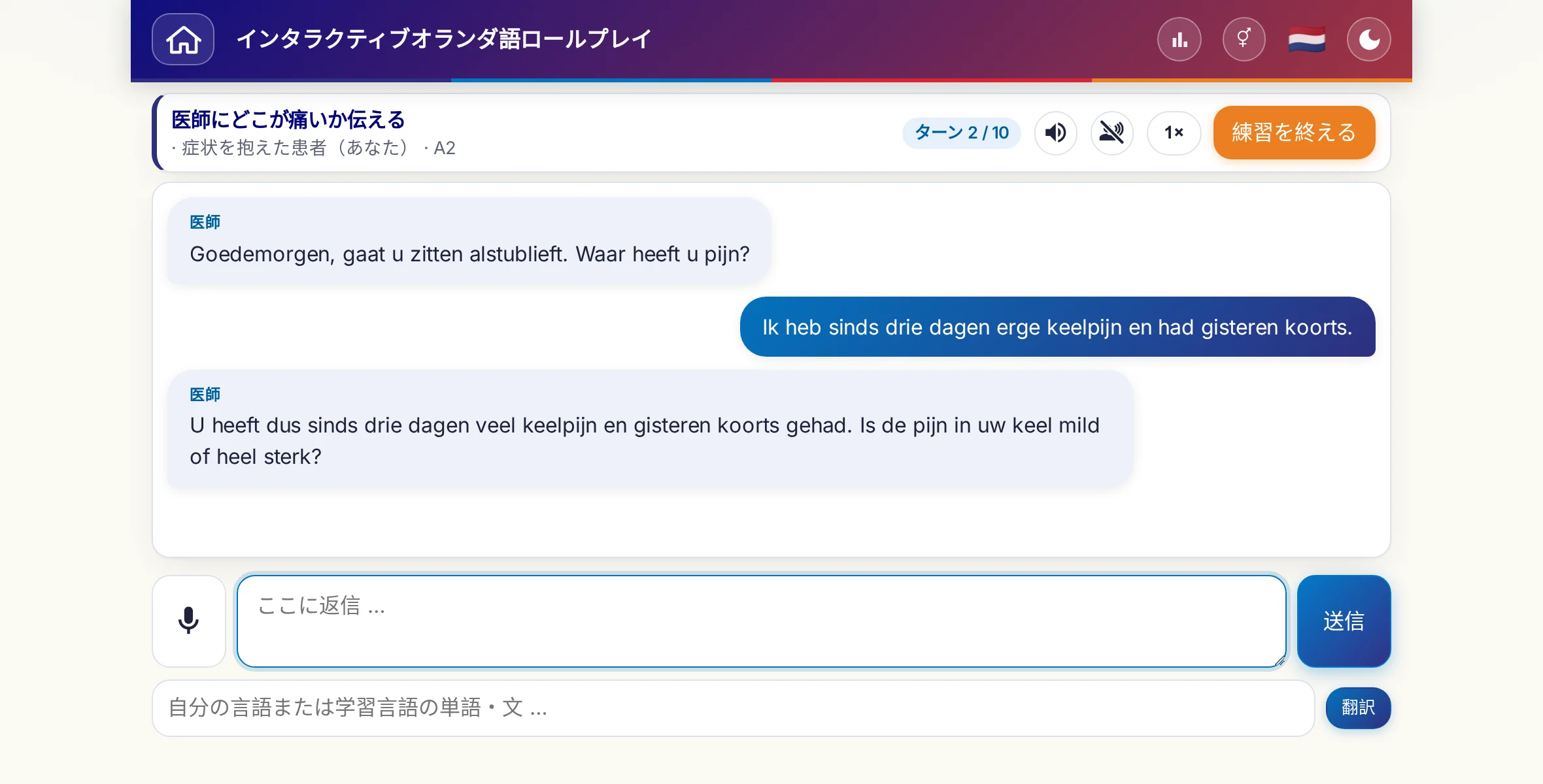 会話中のロールプレイ：医師が痛みの強さ、熱、その日の経過をたずね、学習者は自由に答え、最後に処方箋をお願いします。
