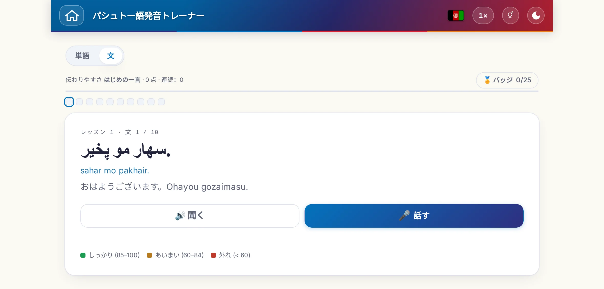 始まった発音の練習：目標の文、その意味、「聞く」と「話す」、そして採点の色の凡例。