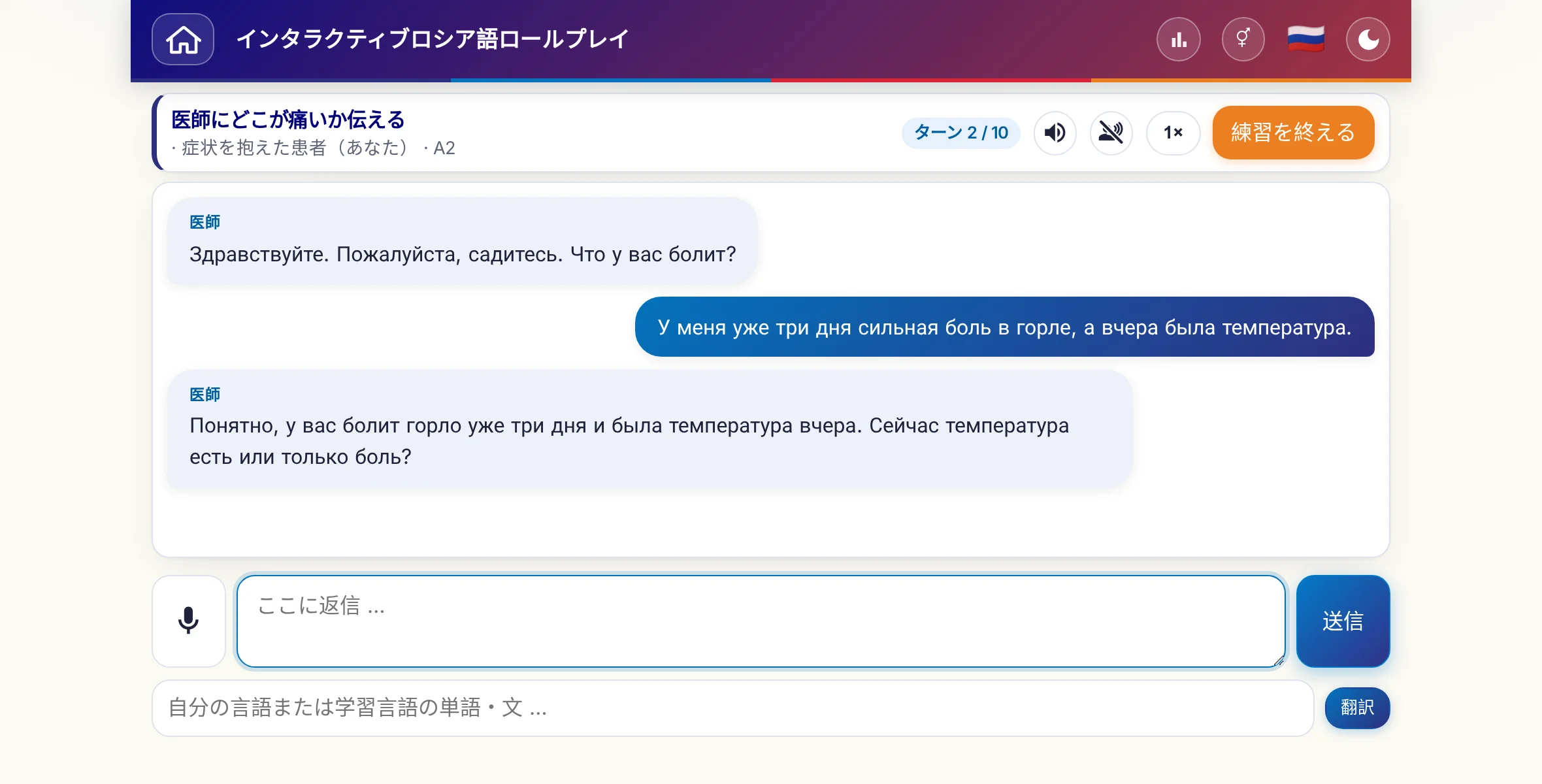 会話中のロールプレイ：医師が痛みの強さ、熱、その日の経過をたずね、学習者は自由に答え、最後に処方箋をお願いします。