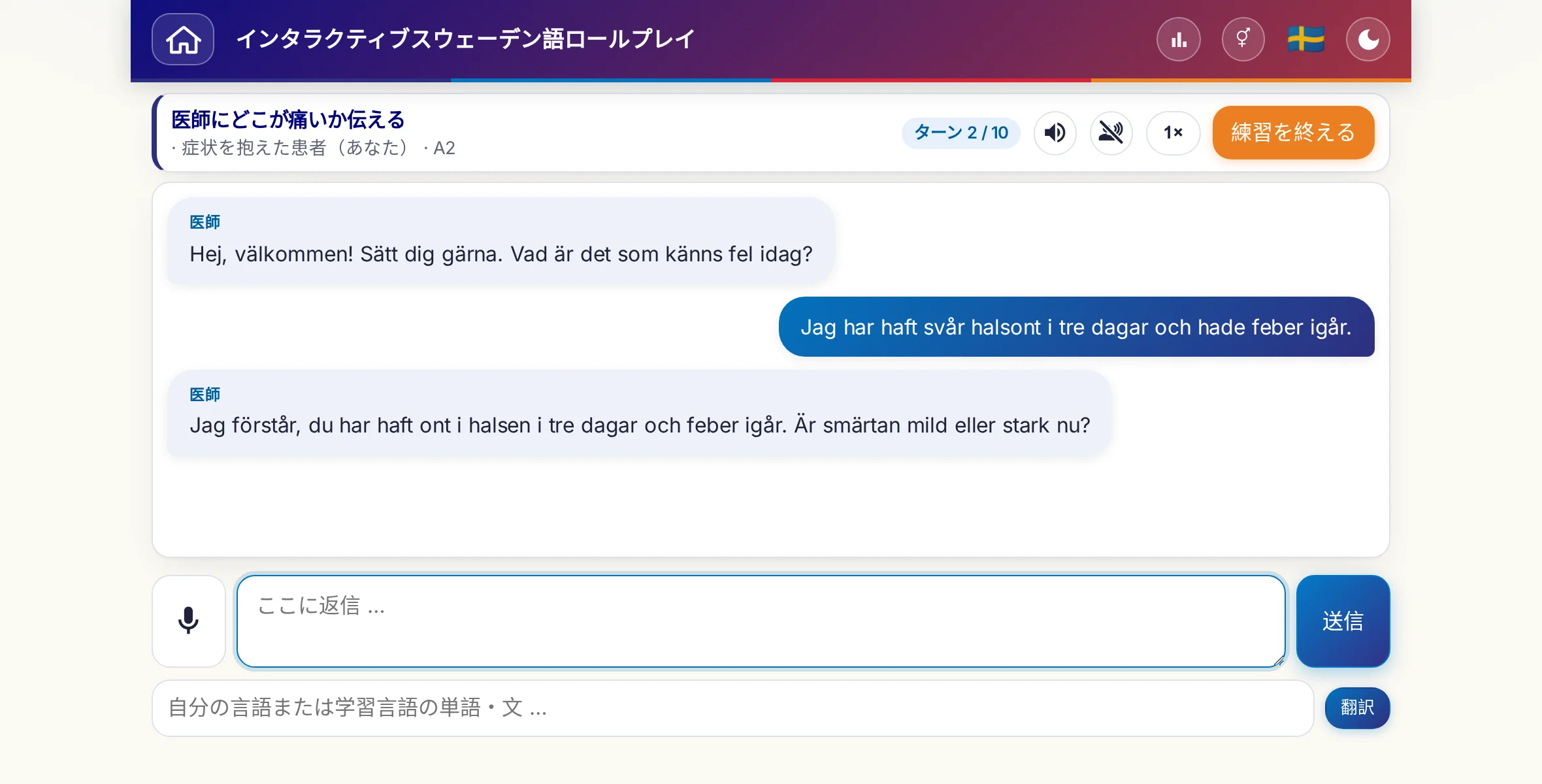 会話中のロールプレイ：医師が痛みの強さ、熱、その日の経過をたずね、学習者は自由に答え、最後に処方箋をお願いします。