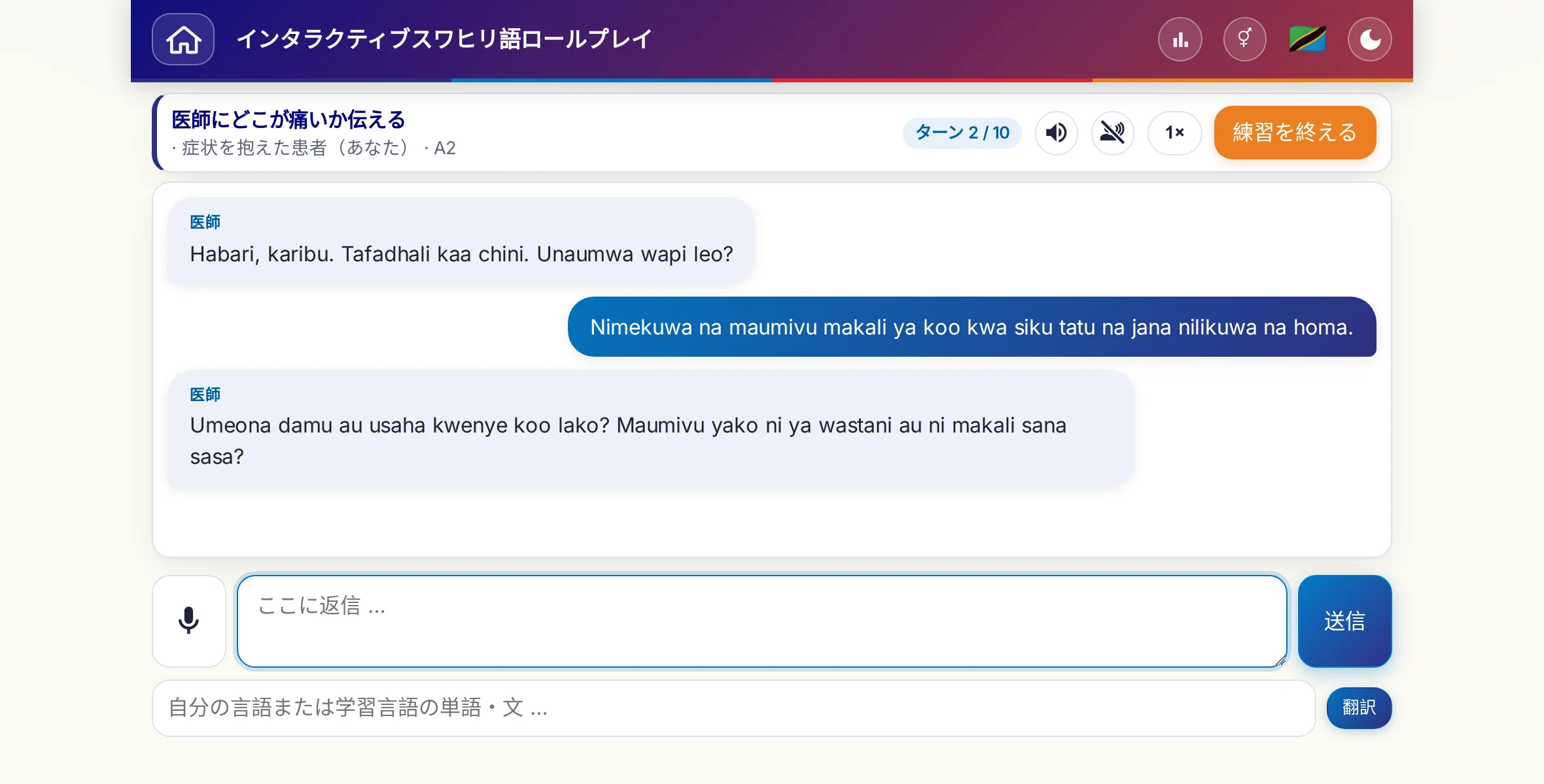 会話中のロールプレイ：医師が痛みの強さ、熱、その日の経過をたずね、学習者は自由に答え、最後に処方箋をお願いします。