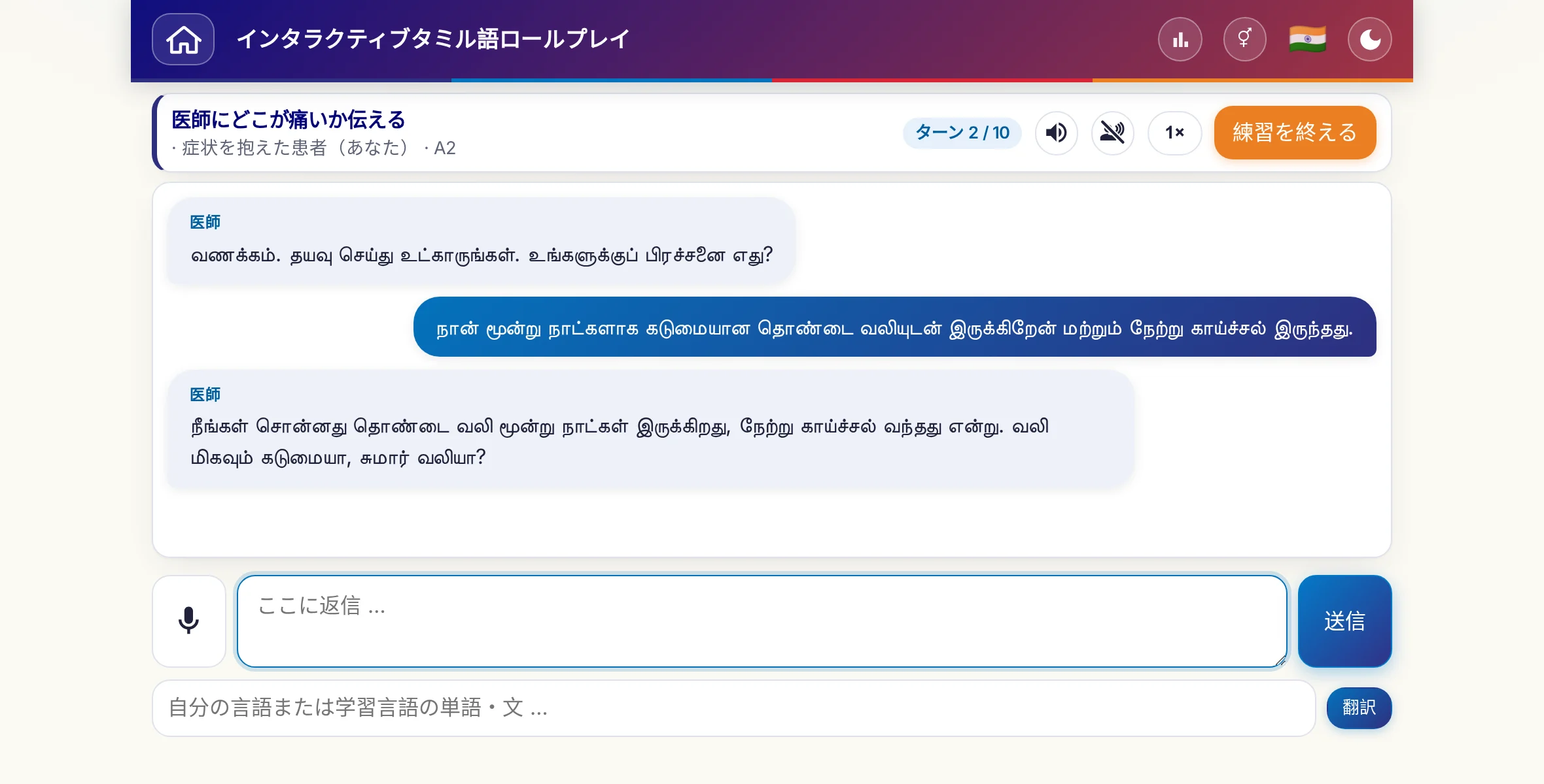 会話中のロールプレイ：医師が痛みの強さ、熱、その日の経過をたずね、学習者は自由に答え、最後に処方箋をお願いします。
