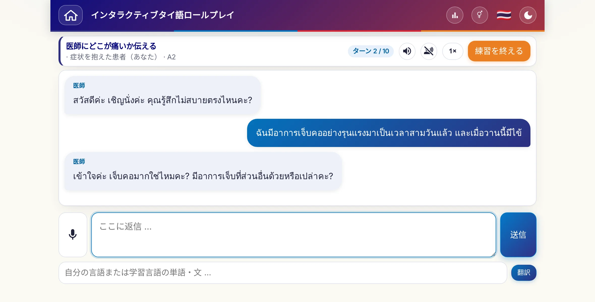会話中のロールプレイ：医師が痛みの強さ、熱、その日の経過をたずね、学習者は自由に答え、最後に処方箋をお願いします。