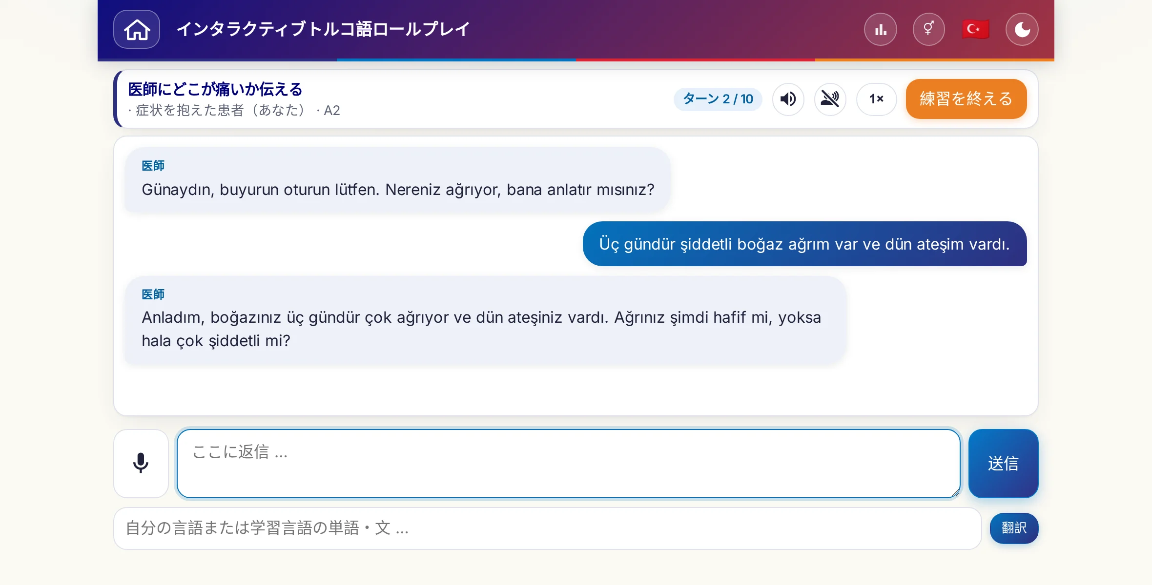 会話中のロールプレイ：医師が痛みの強さ、熱、その日の経過をたずね、学習者は自由に答え、最後に処方箋をお願いします。