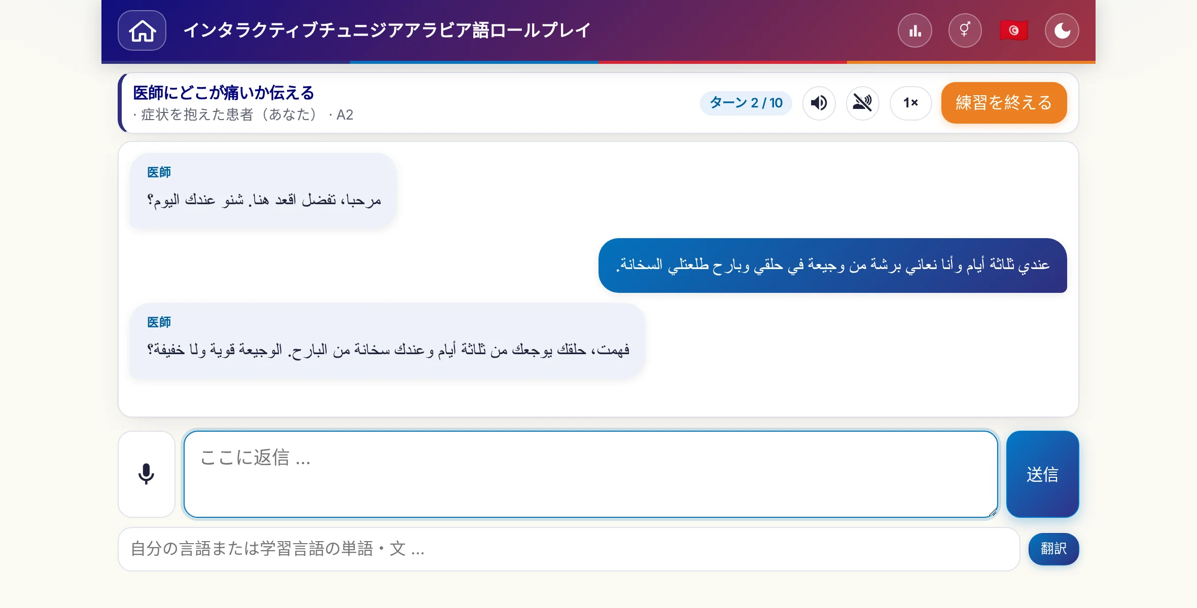 会話中のロールプレイ：医師が痛みの強さ、熱、その日の経過をたずね、学習者は自由に答え、最後に処方箋をお願いします。