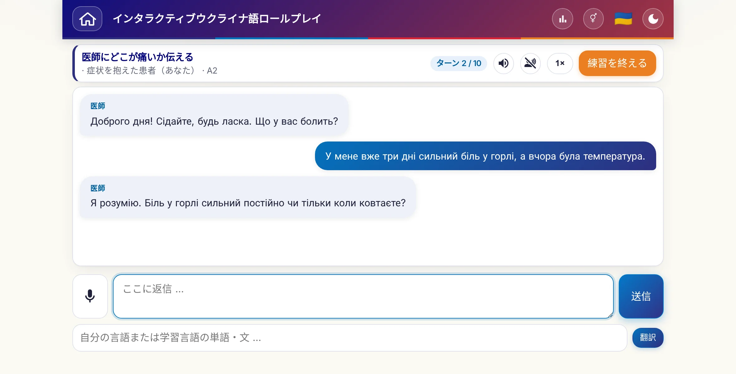 会話中のロールプレイ：医師が痛みの強さ、熱、その日の経過をたずね、学習者は自由に答え、最後に処方箋をお願いします。