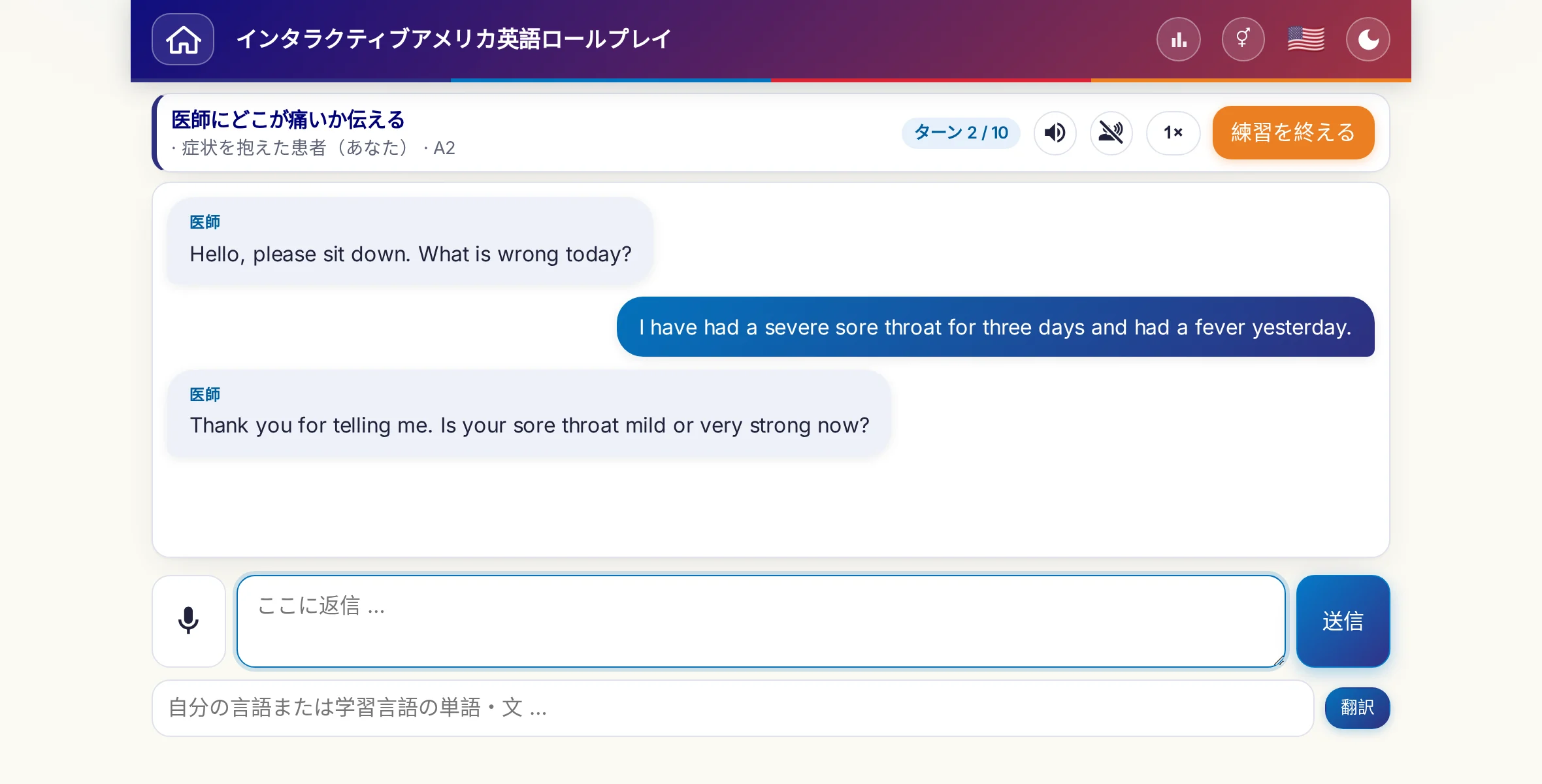 会話中のロールプレイ：医師が痛みの強さ、熱、その日の経過をたずね、学習者は自由に答え、最後に処方箋をお願いします。