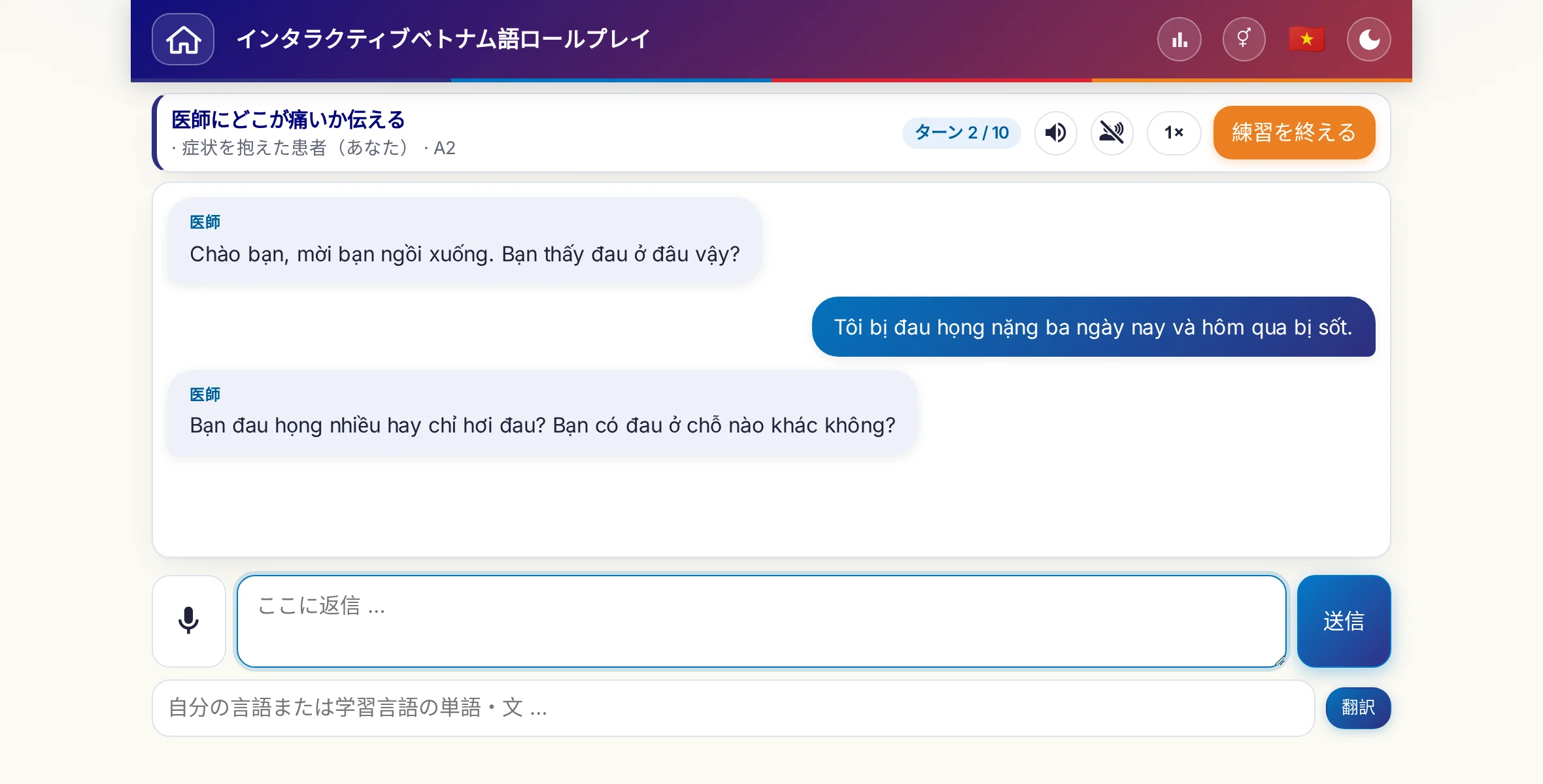会話中のロールプレイ：医師が痛みの強さ、熱、その日の経過をたずね、学習者は自由に答え、最後に処方箋をお願いします。
