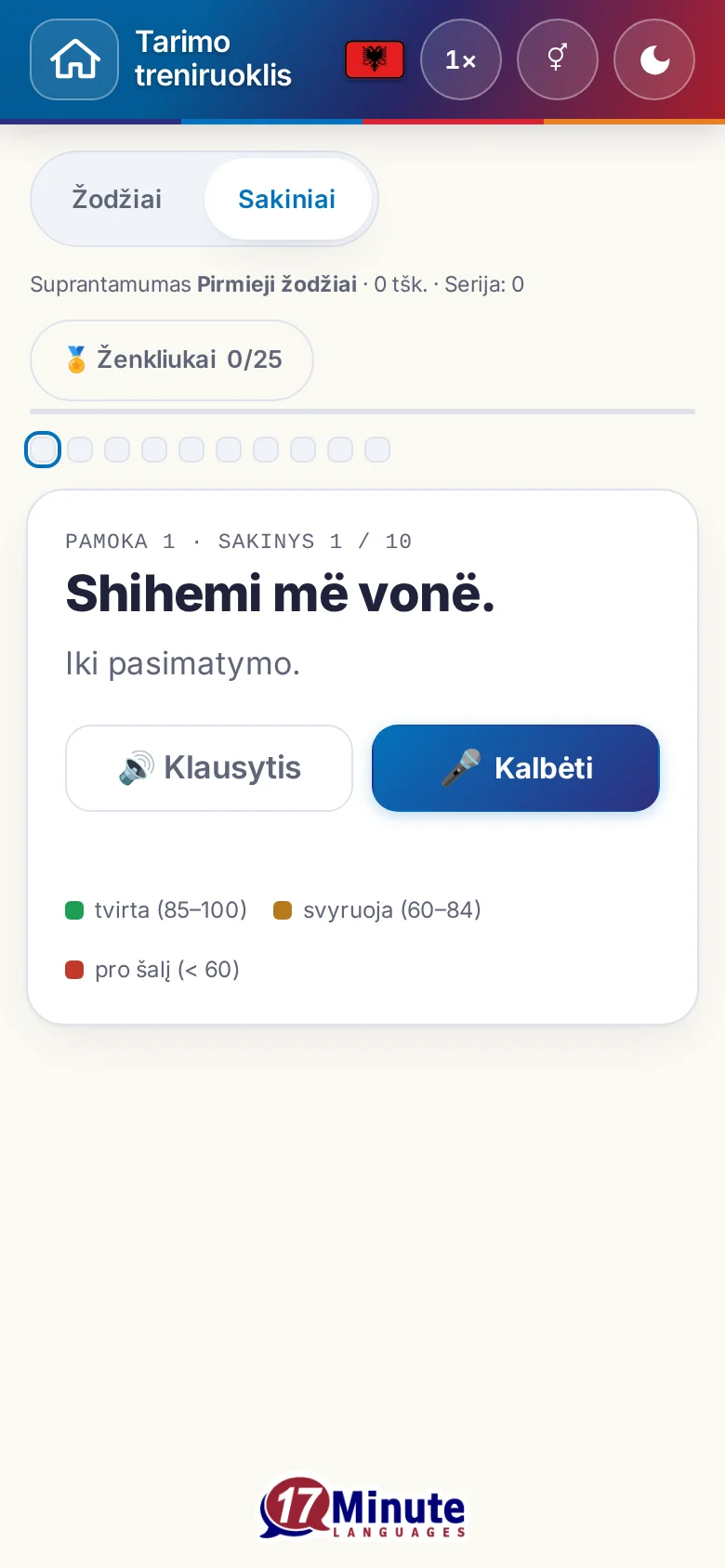 Telefonas: pradėtas tarimo pratimas su tiksliniu sakiniu ir įvertinimo spalvų paaiškinimu.