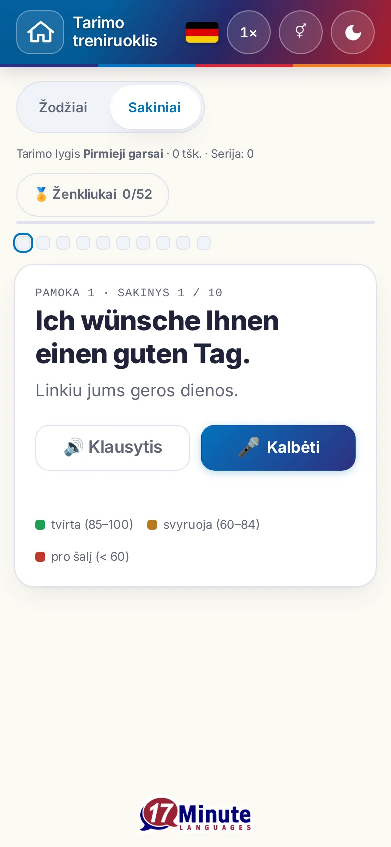 Telefonas: pradėtas tarimo pratimas su tiksliniu sakiniu ir įvertinimo spalvų paaiškinimu.