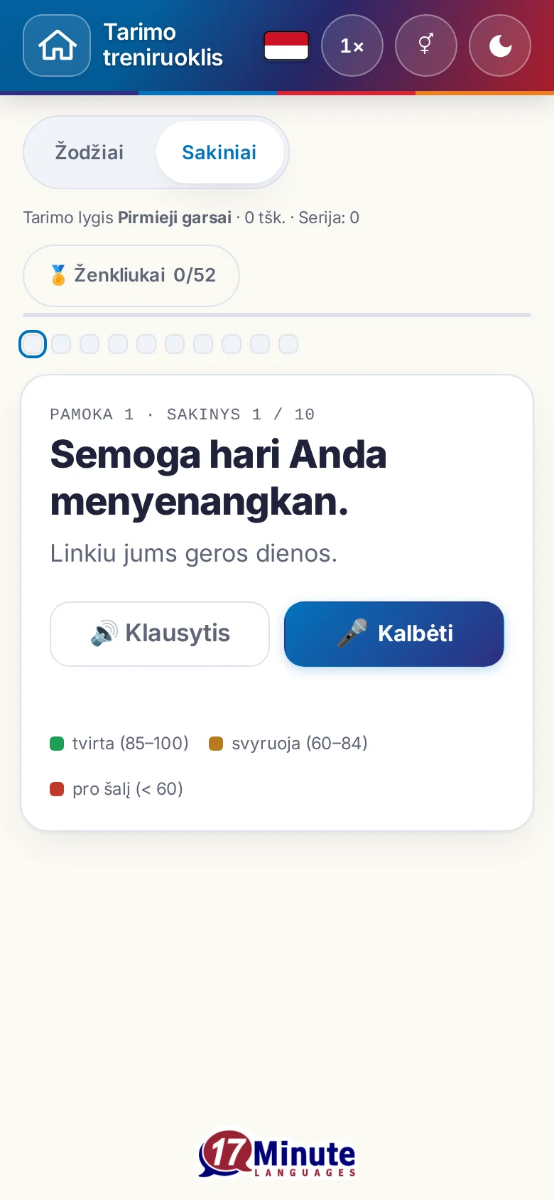 Telefonas: pradėtas tarimo pratimas su tiksliniu sakiniu ir įvertinimo spalvų paaiškinimu.