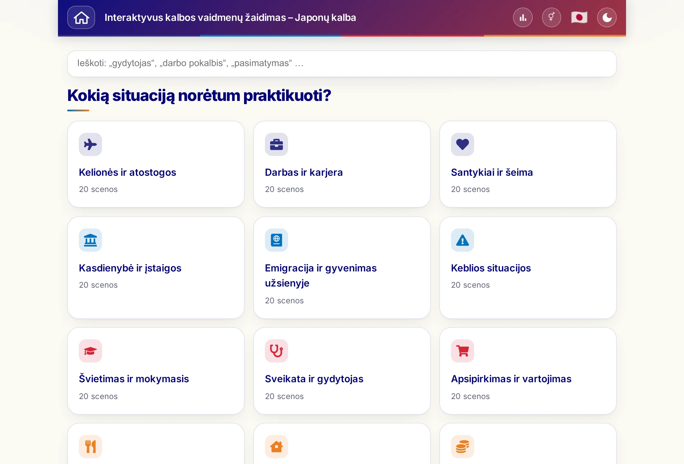Vaidmenų žaidimai su paieškos laukeliu ir 15 teminių pasaulių.