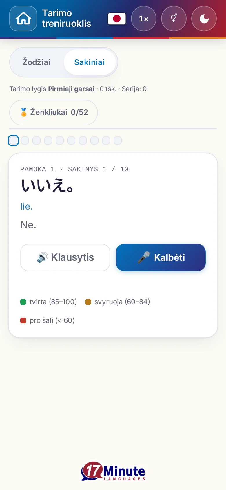 Telefonas: pradėtas tarimo pratimas su tiksliniu sakiniu ir įvertinimo spalvų paaiškinimu.