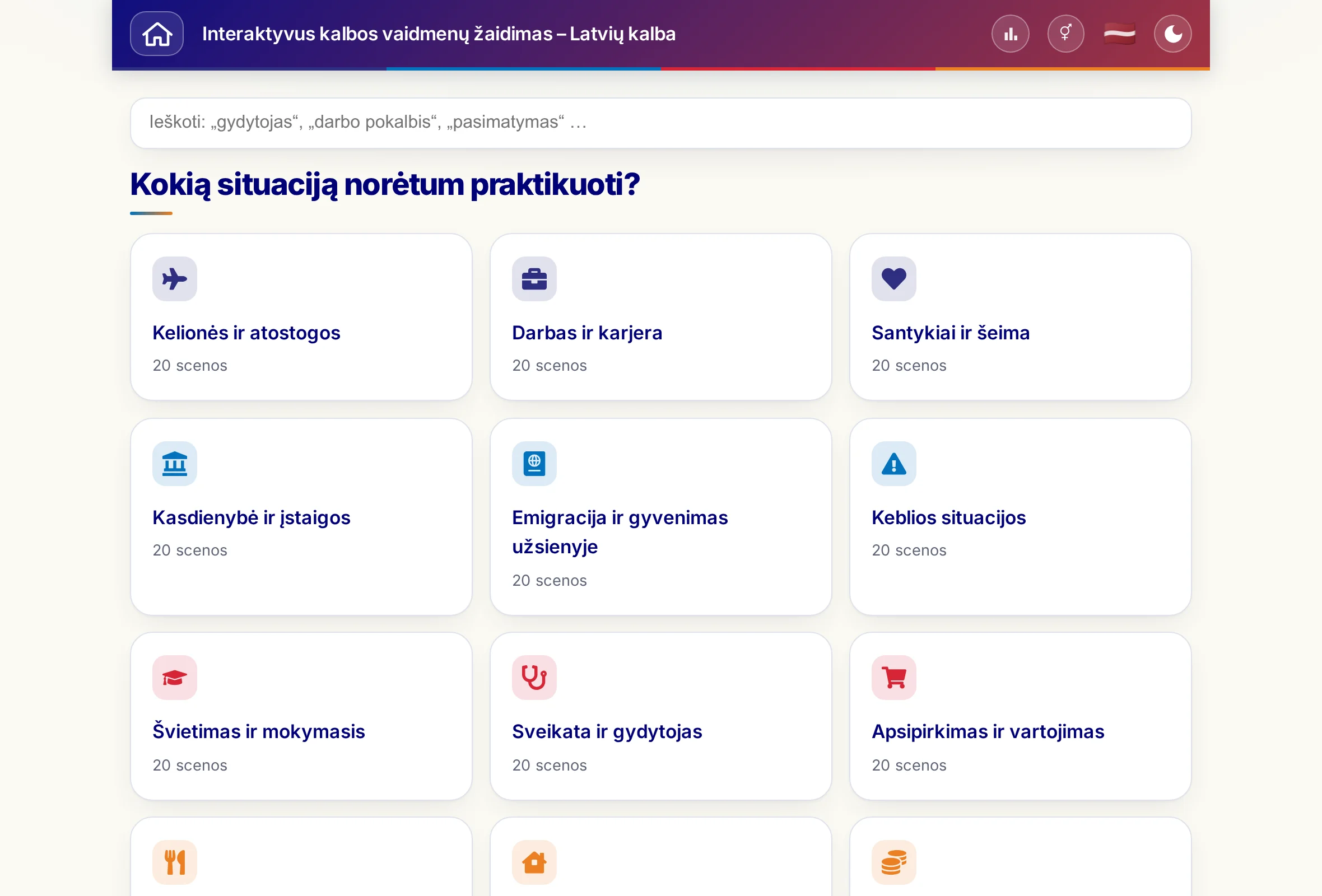 Vaidmenų žaidimai su paieškos laukeliu ir 15 teminių pasaulių.