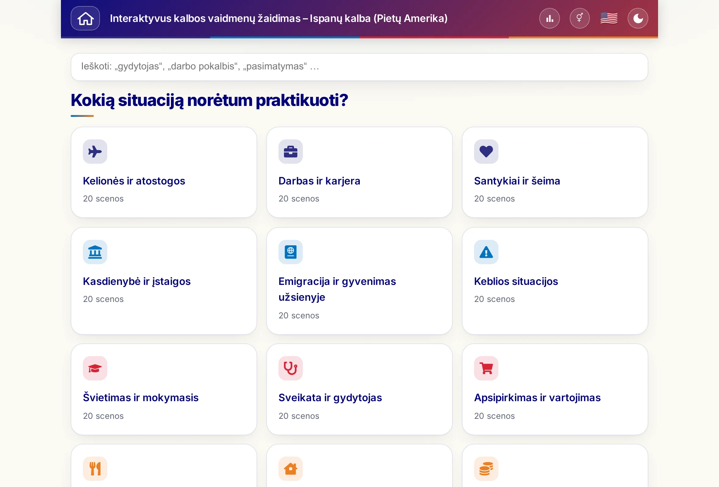 Vaidmenų žaidimai su paieškos laukeliu ir 15 teminių pasaulių.