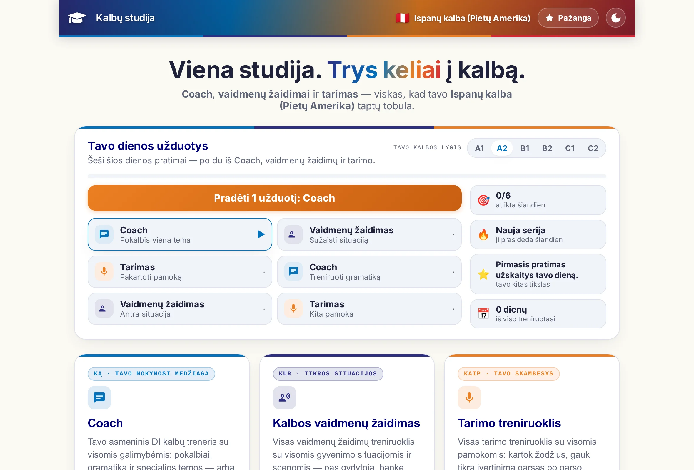 Kalbų studijos pradžios puslapis: trys programos kaip kortelės, o virš jų – šeši dienos užduoties pratimai.