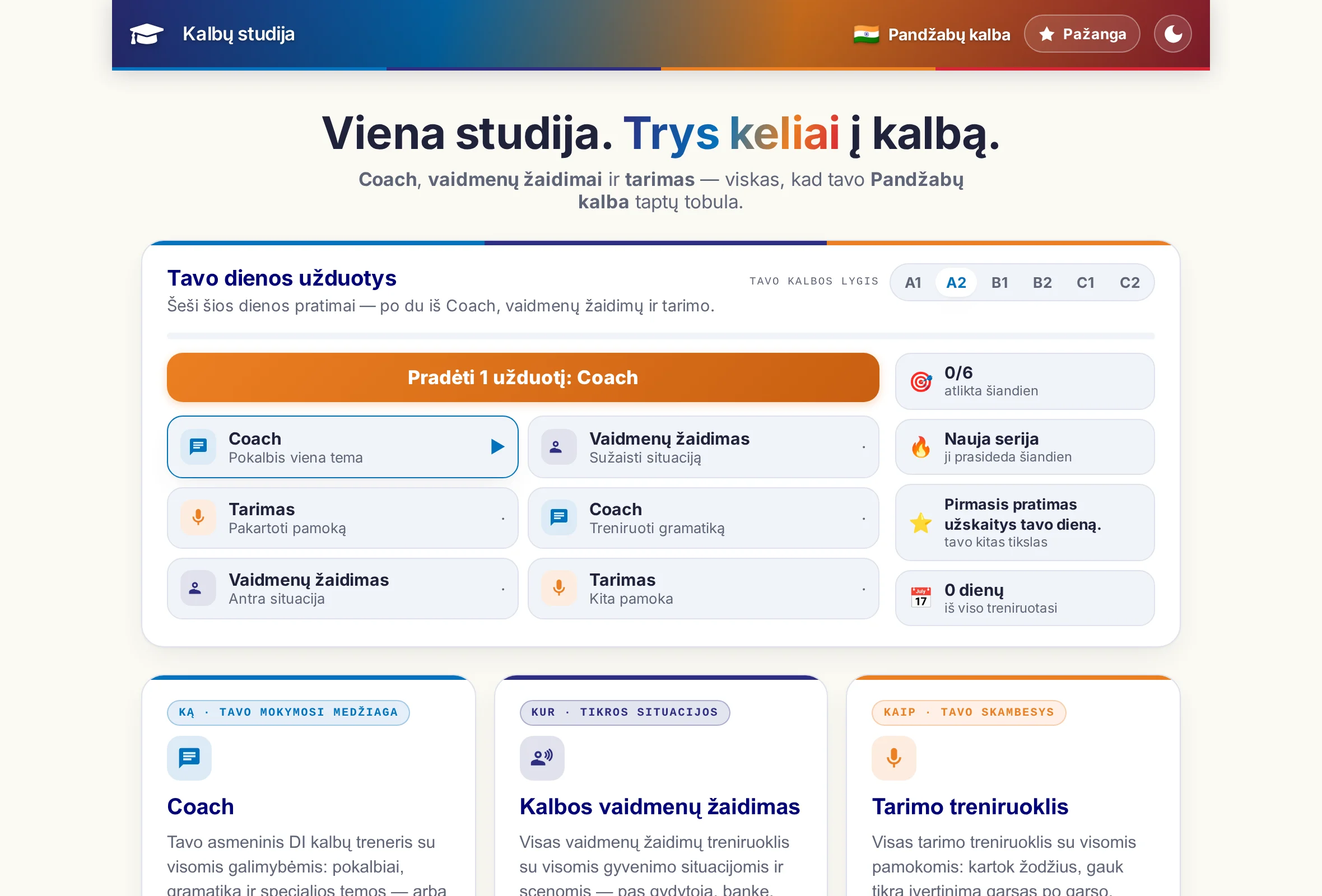 Kalbų studijos pradžios puslapis: trys programos kaip kortelės, o virš jų – šeši dienos užduoties pratimai.