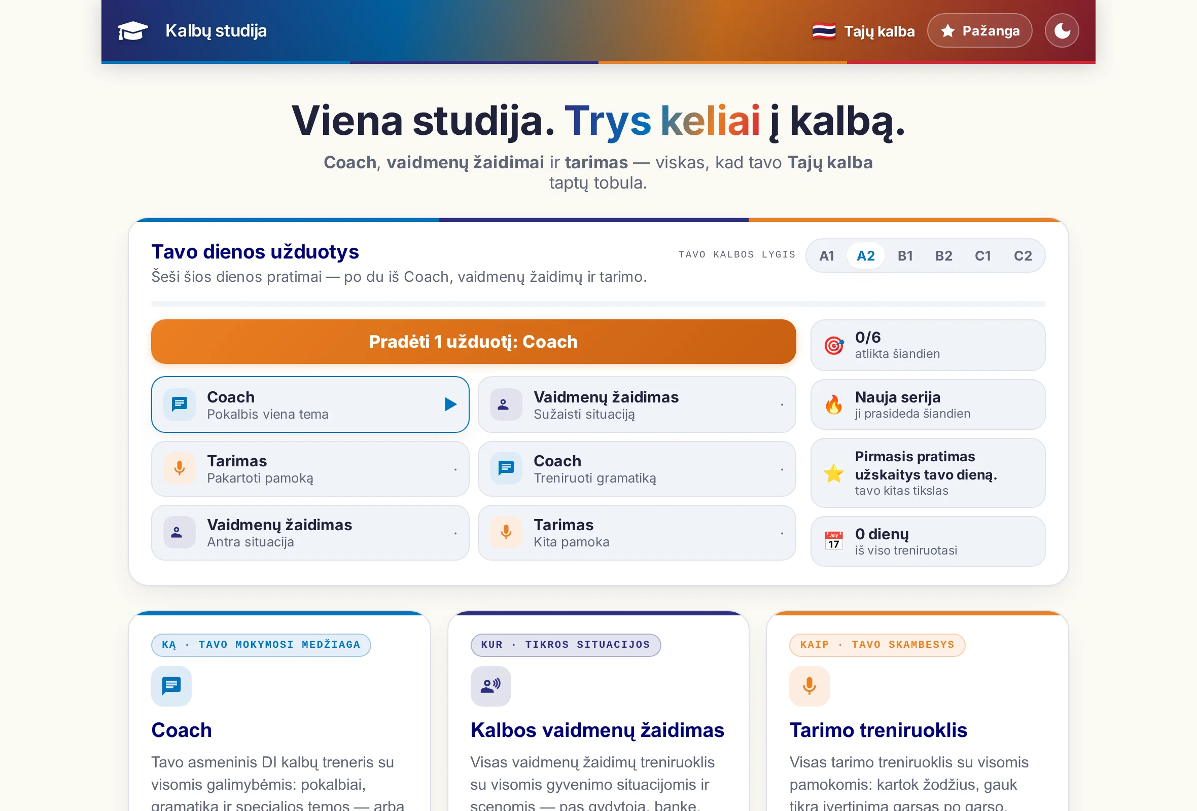 Kalbų studijos pradžios puslapis: trys programos kaip kortelės, o virš jų – šeši dienos užduoties pratimai.
