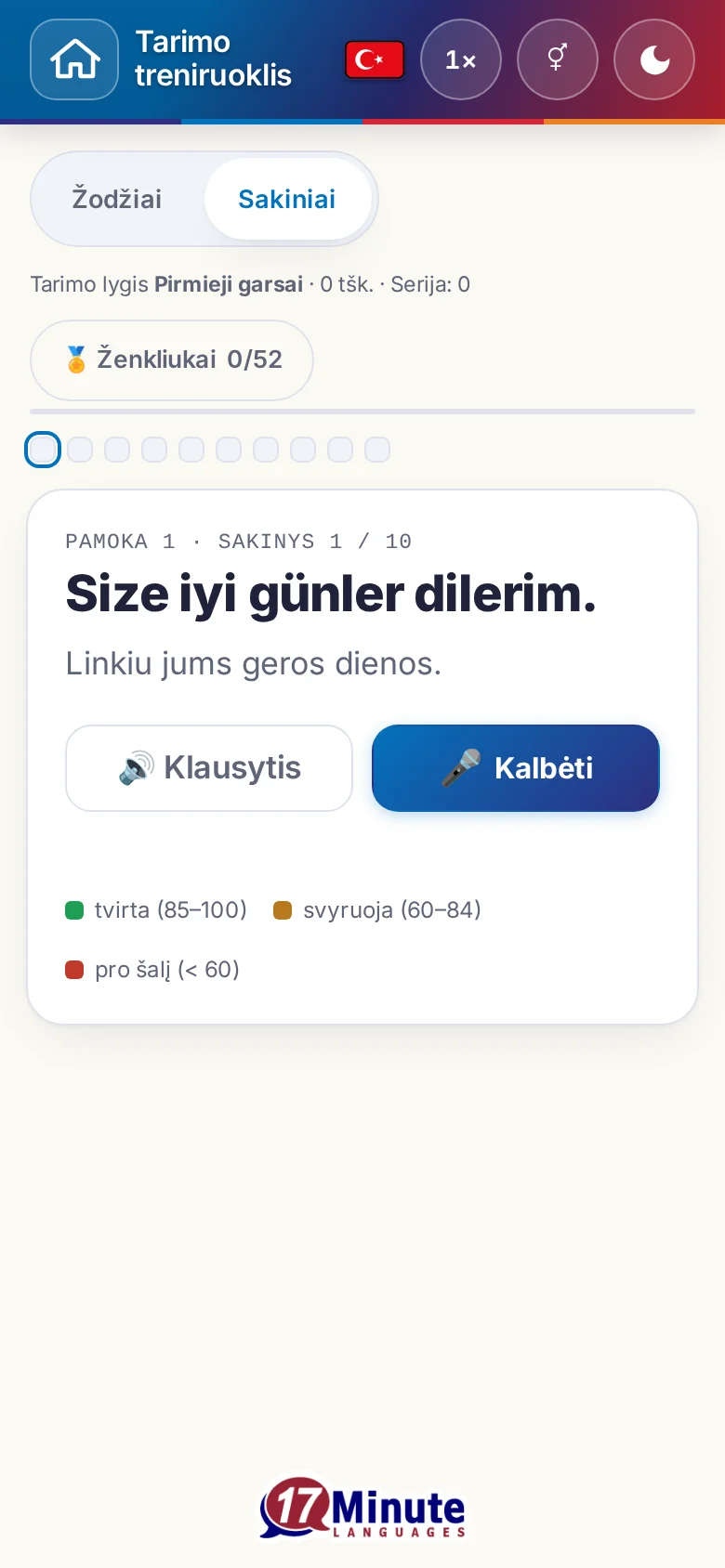 Telefonas: pradėtas tarimo pratimas su tiksliniu sakiniu ir įvertinimo spalvų paaiškinimu.