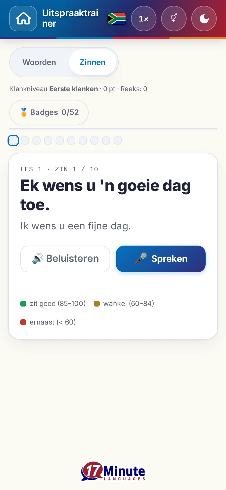 Telefoon: een gestarte uitspraakoefening met doelzin en beoordelingslegenda.