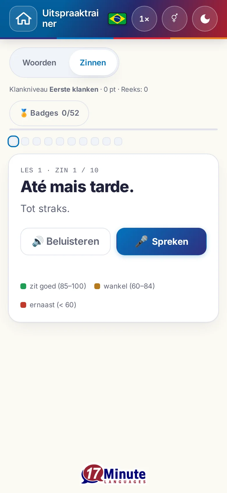 Telefoon: een gestarte uitspraakoefening met doelzin en beoordelingslegenda.