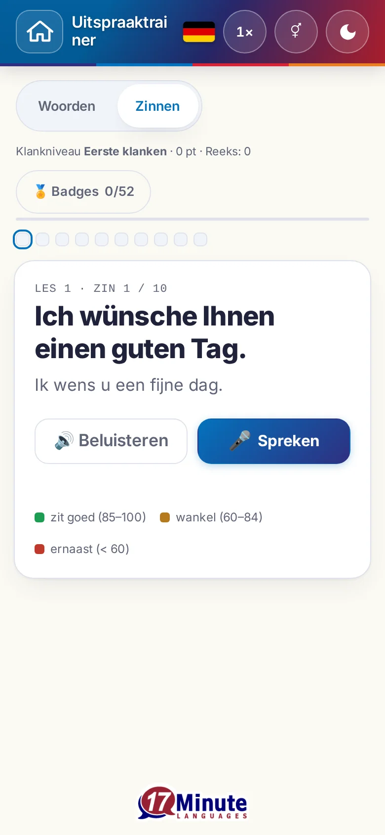 Telefoon: een gestarte uitspraakoefening met doelzin en beoordelingslegenda.