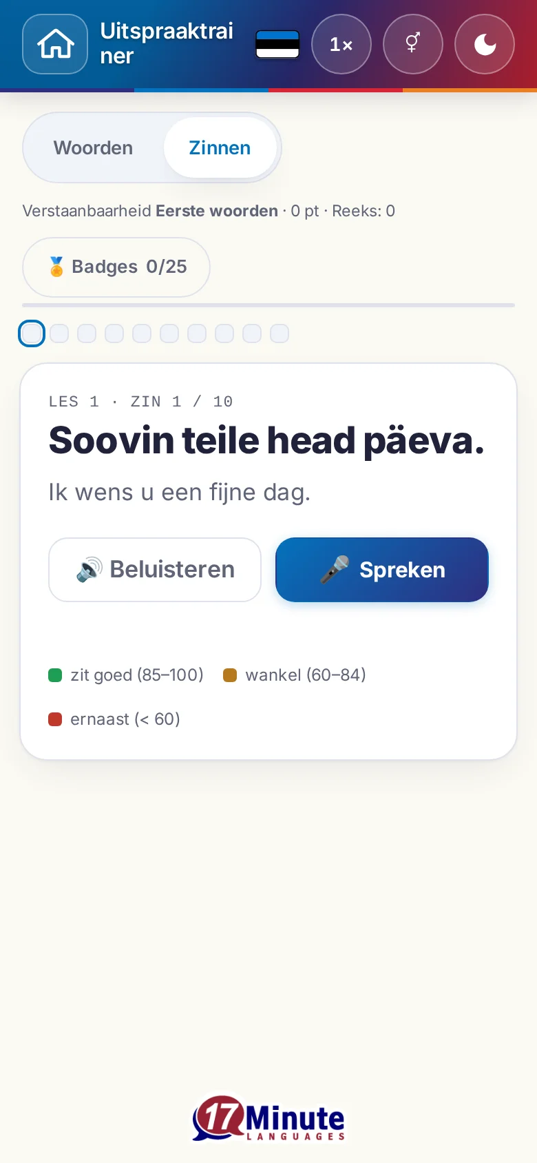 Telefoon: een gestarte uitspraakoefening met doelzin en beoordelingslegenda.